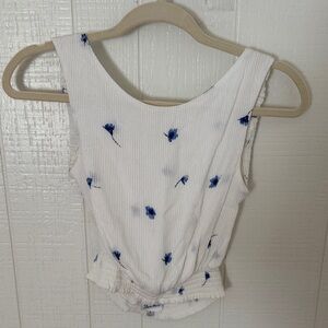 Sky to Moon White Ribbed Tank Top with Blue Floral and Open Back